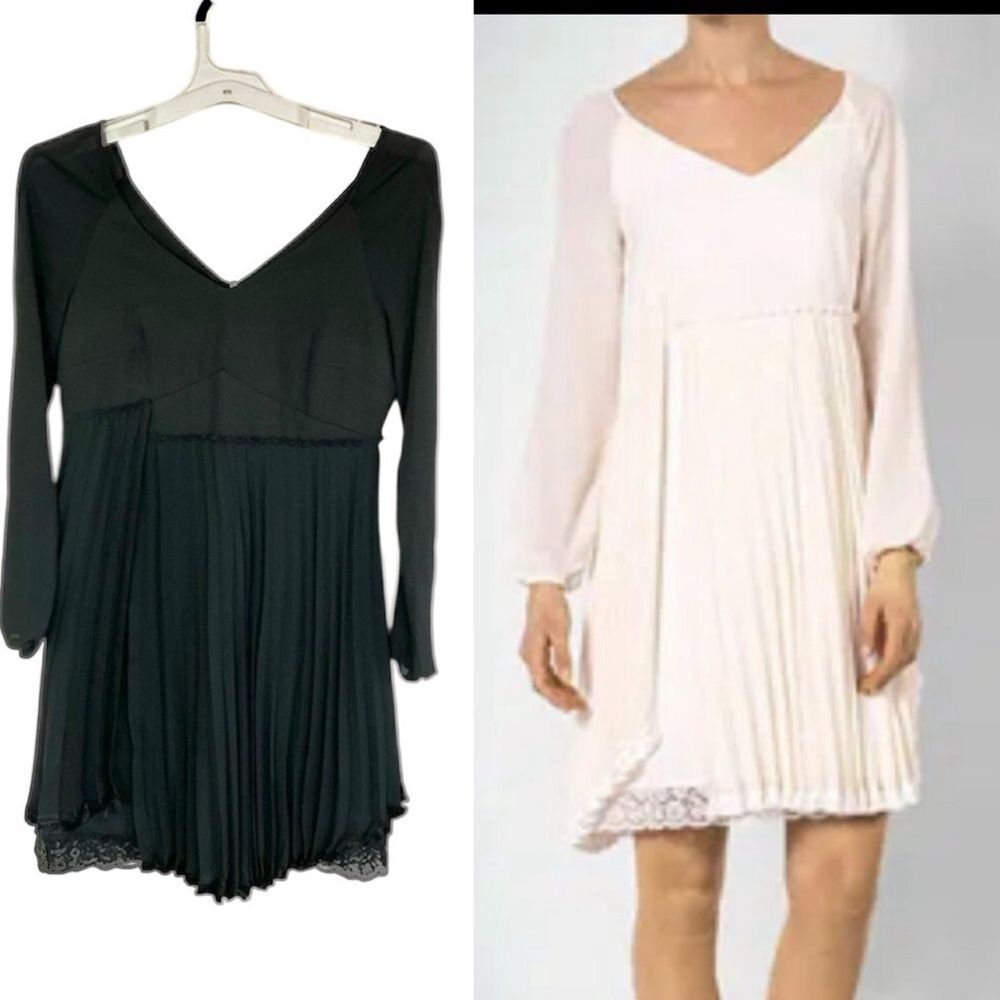 NEW Twin-Set Simona Barbieri Black V-Neck Long Sleeve Pleated Mini Dress Size S